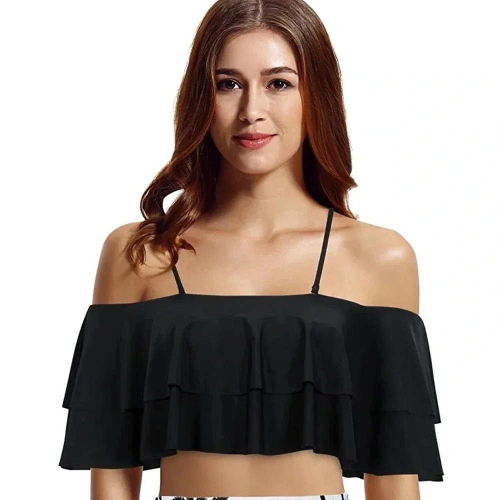 Zeraca Women's Off The Shoulder Ruffle Crop Bikini Bathing Suit Top size 4-6 NWT